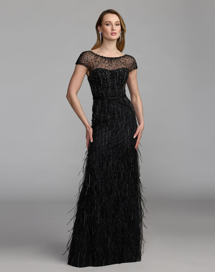 Mac Duggal 77198 Rhinestone Embellished Illusion Neck Feather Gown