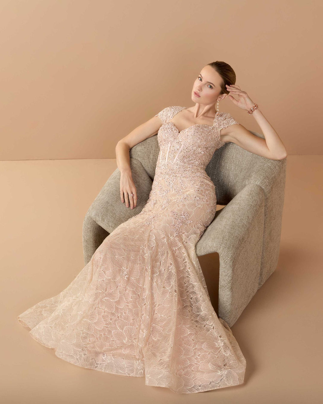 Pink Embroidered Lace Mermaid Gown With Cap Sleeves - FOSTANI.com