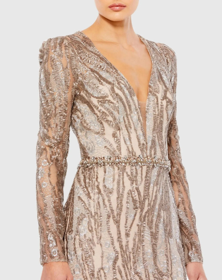 Mac Duggal 79358 Embellished Long Sleeve Plunge Neck Trumpet Gown
