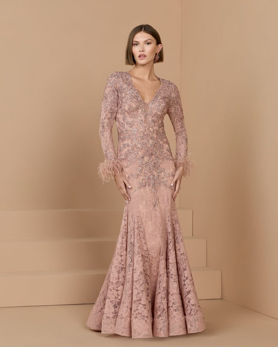 Mac Duggal 79452 Long Sleeve Feather Embellished Mermaid Gown