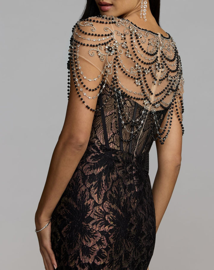 Mac Duggal 79471 Lace Corset Gown With Draped Beading