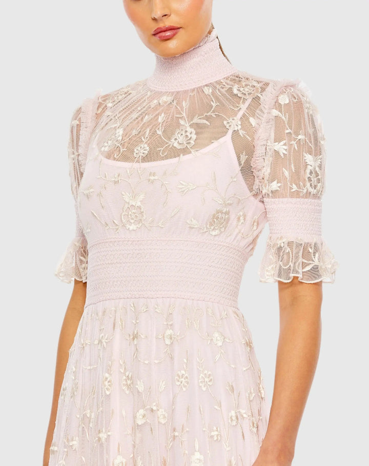 Mac Duggal 8005 Embroidered Floral Tiered Smock Neck Gown