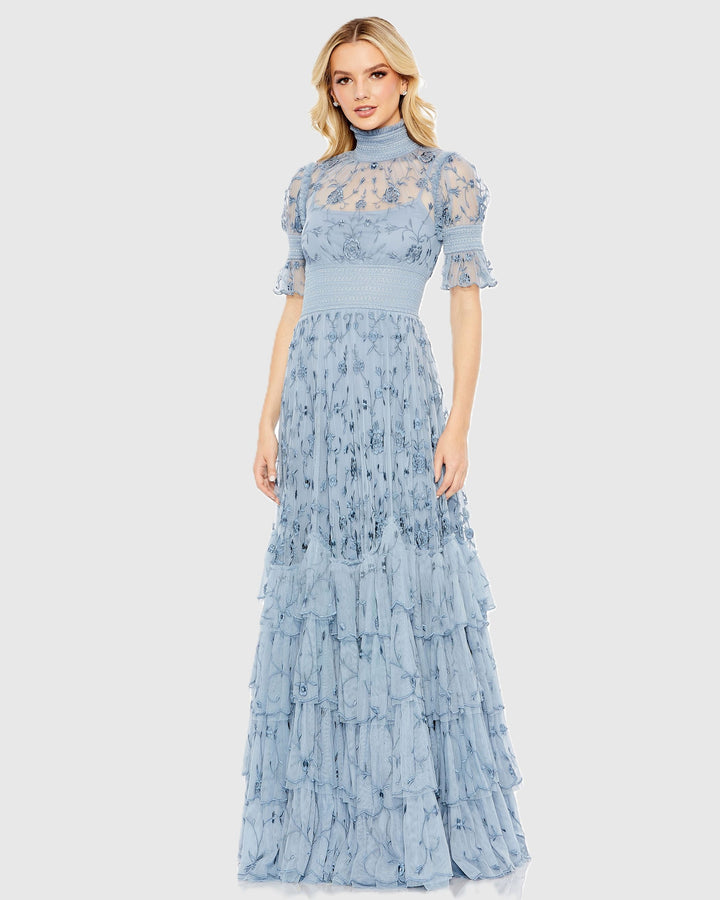 Mac Duggal 8005 Embroidered Floral Tiered Smock Neck Gown