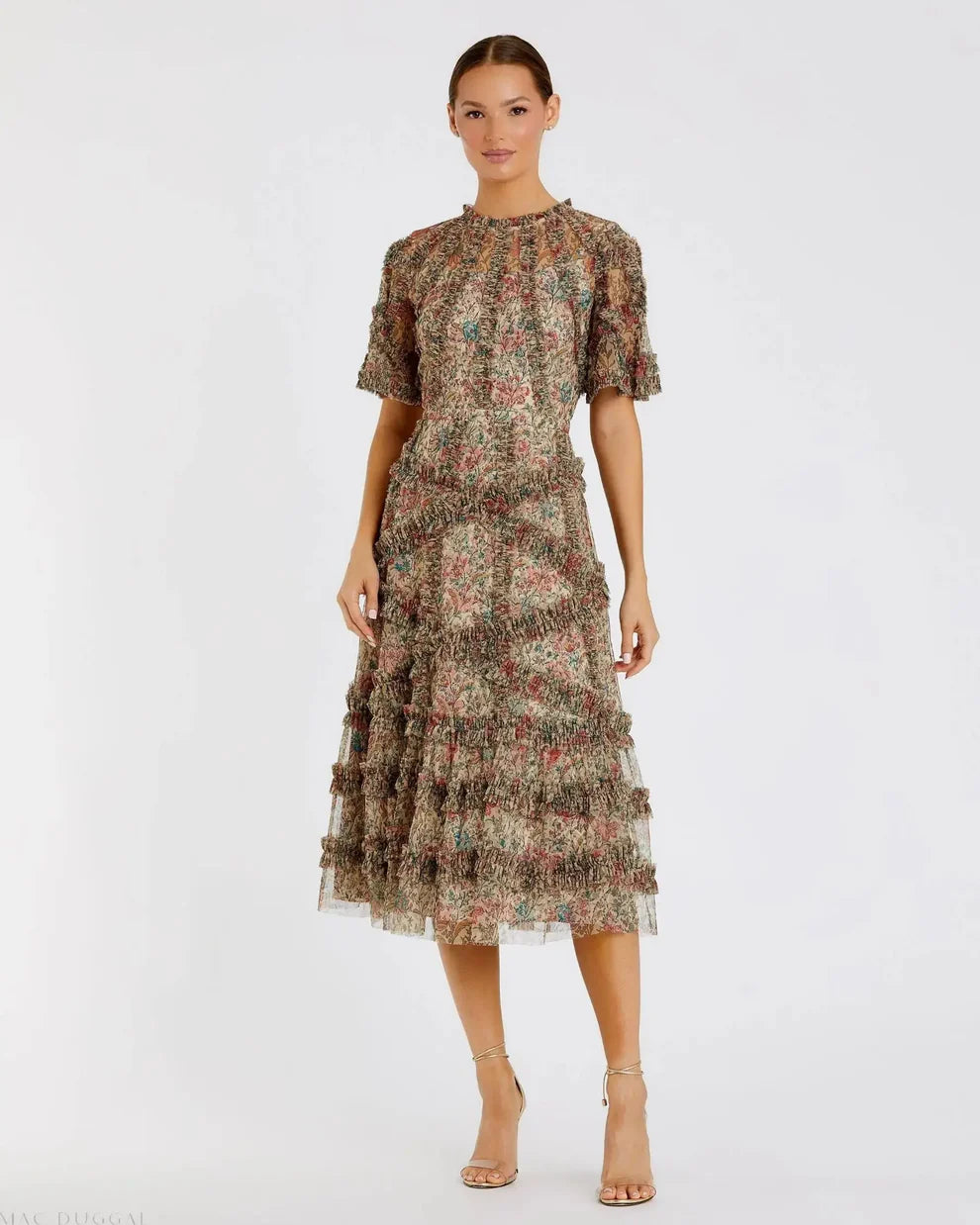 Mac Duggal 8010 Floral Midi Dress with Ruffle Detailing