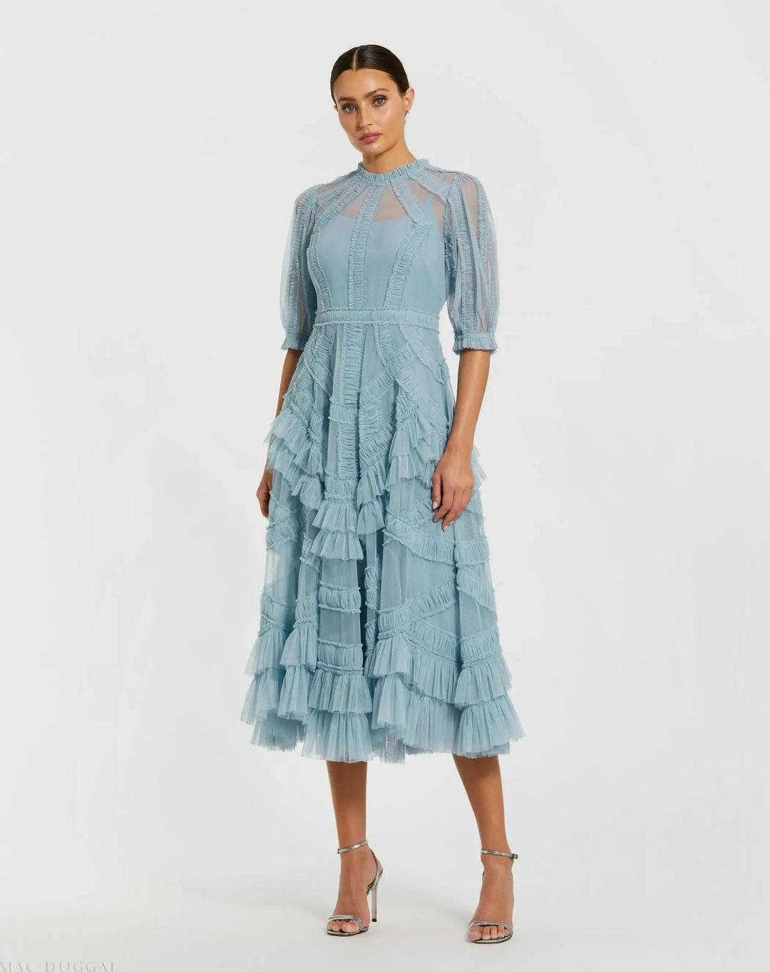 Mac Duggal 998058P High Neck Micro Ruffle Tiered Midi Dress - FOSTANI.com