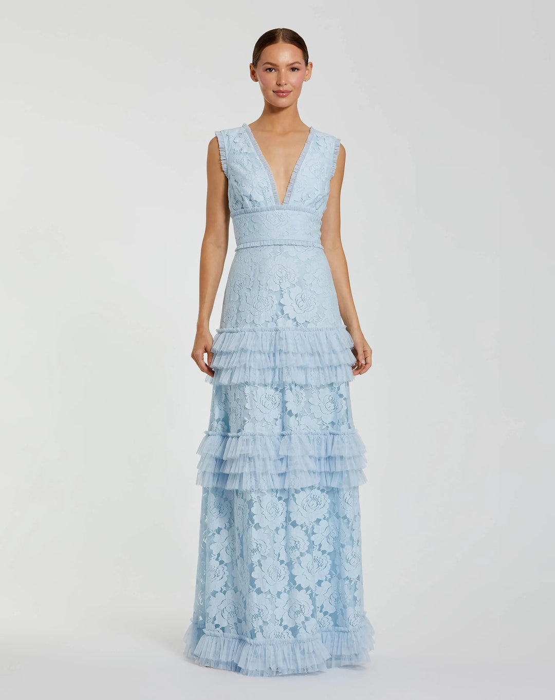 Blue V Neck Lace Tiered Ruffle Gown - FOSTANI.com