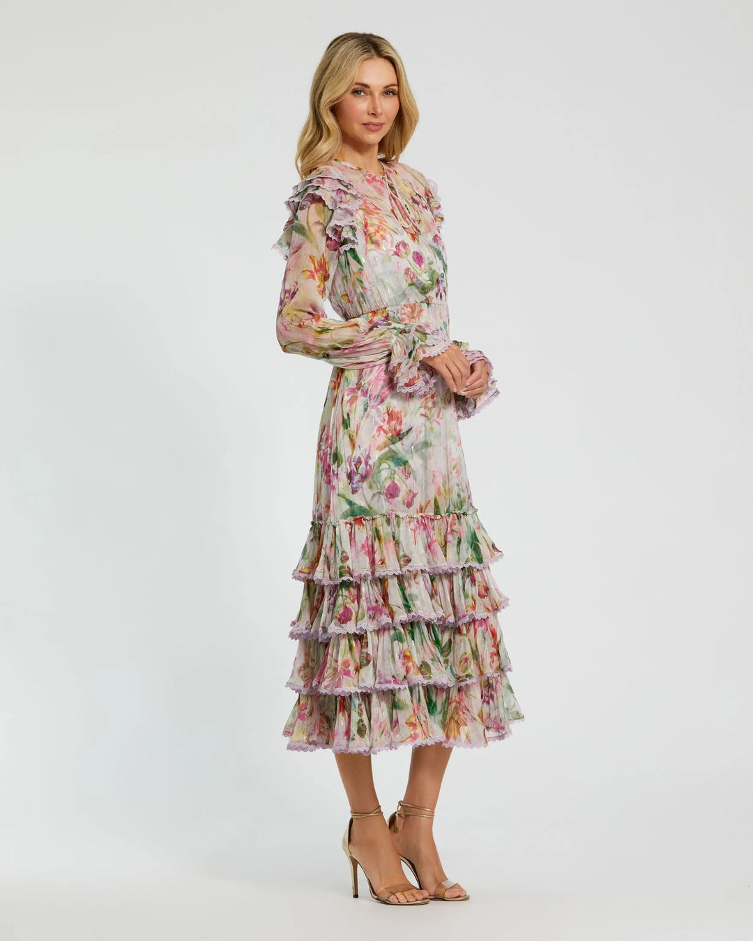 Mac Duggal 8102 Long Sleeve Ruffle Detail Floral Shift Dress