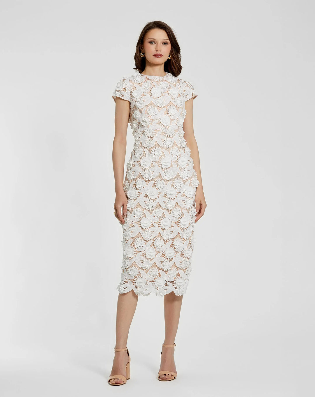 Mac Duggal 81022 Floral Lace Fitted Short Sleeve Midi Dress