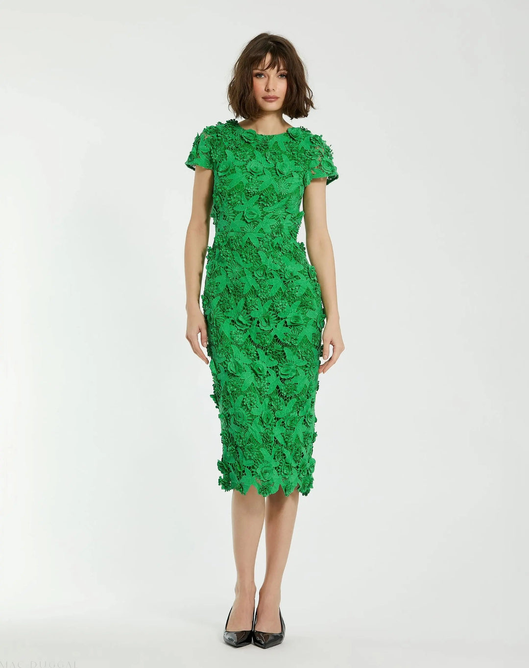 Mac Duggal 81022 Floral Lace Fitted Short Sleeve Midi Dress
