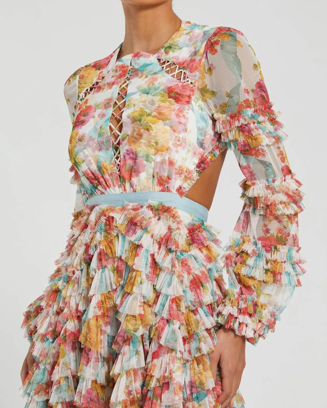 Mac Duggal 8130 Long Sleeve Ruffle Criss Cross Midi Dress