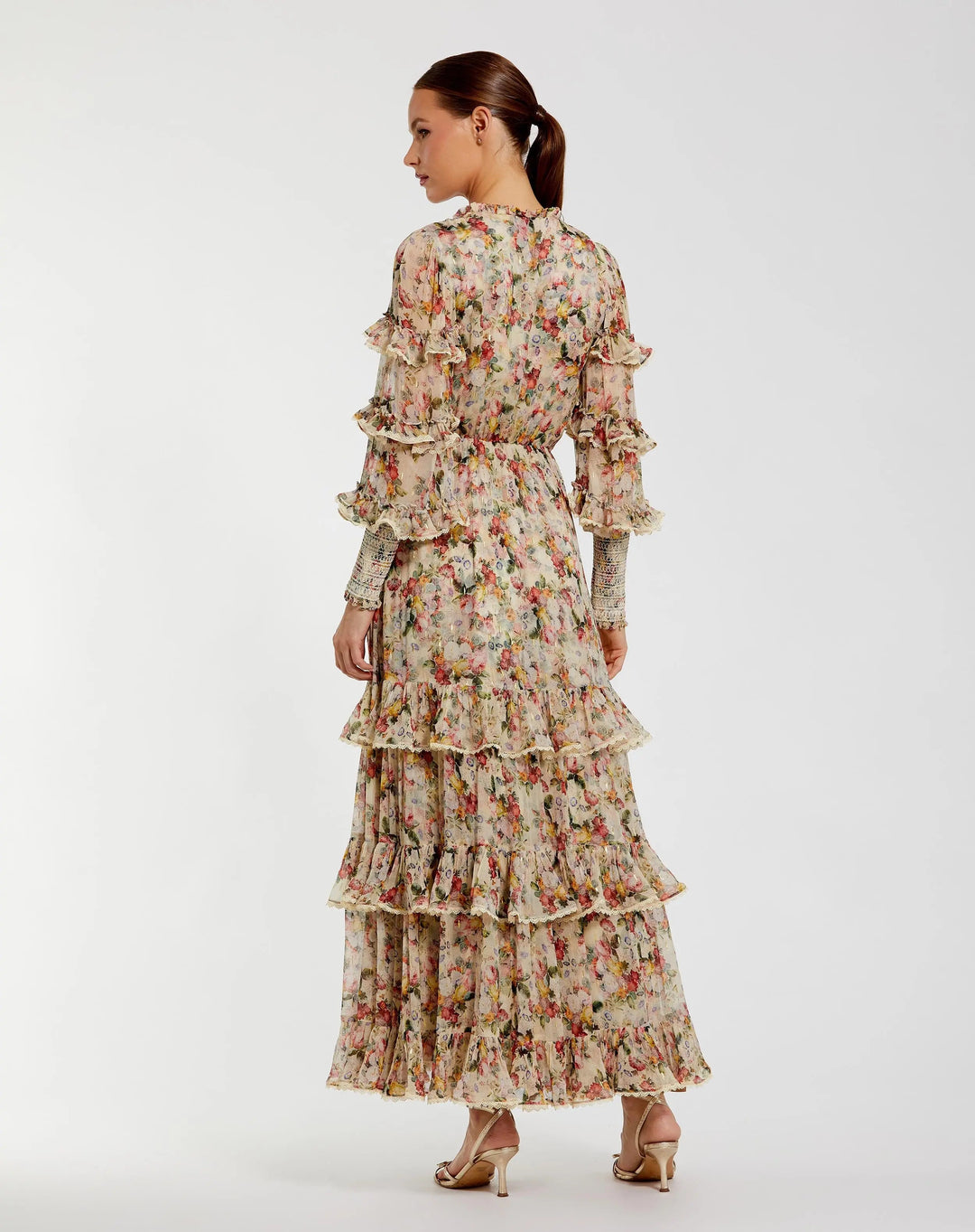 Mac Duggal 8334 Floral Tiered Ruffle Midi Dress with Long Sleeves