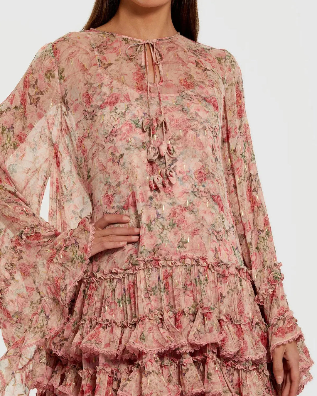 Mac Duggal 8336 Floral Long Sleeve Ruffle Mini Dress