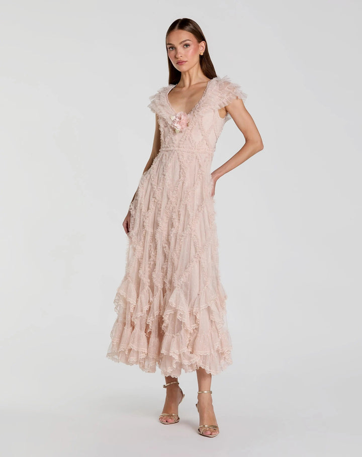 Pink Micro Ruffle Cap Sleeve A-Line Midi Dress - FOSTANI.com