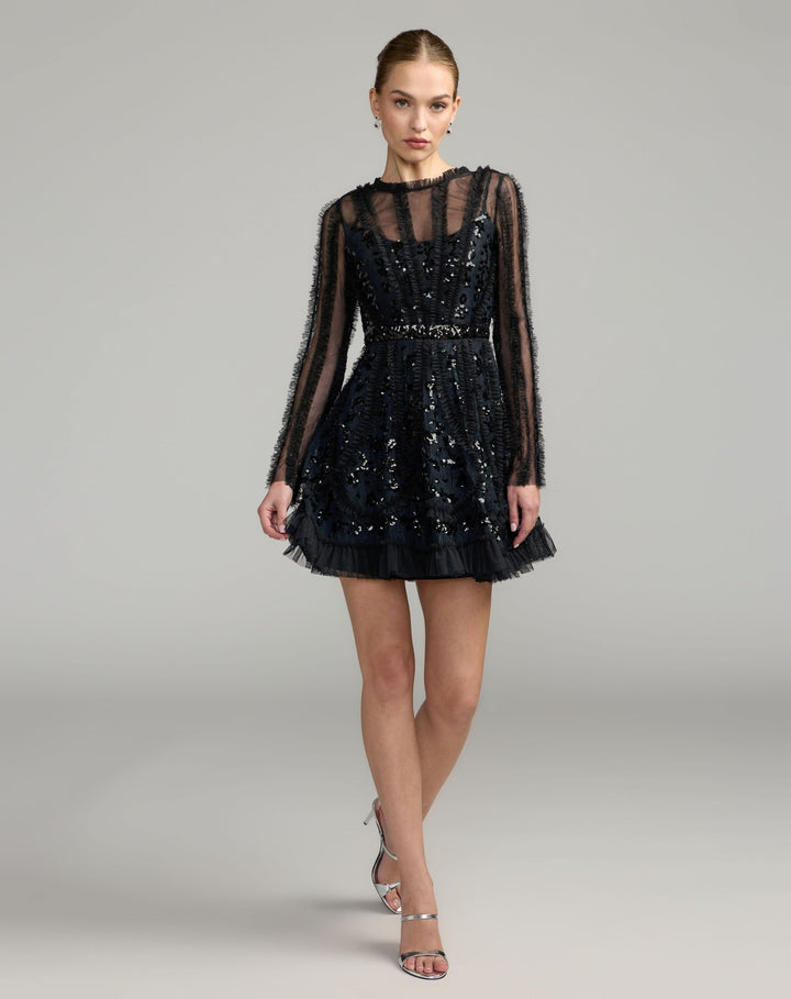 Mac Duggal 8398 Long Sleeve Sequin Ruffle Mini Dress