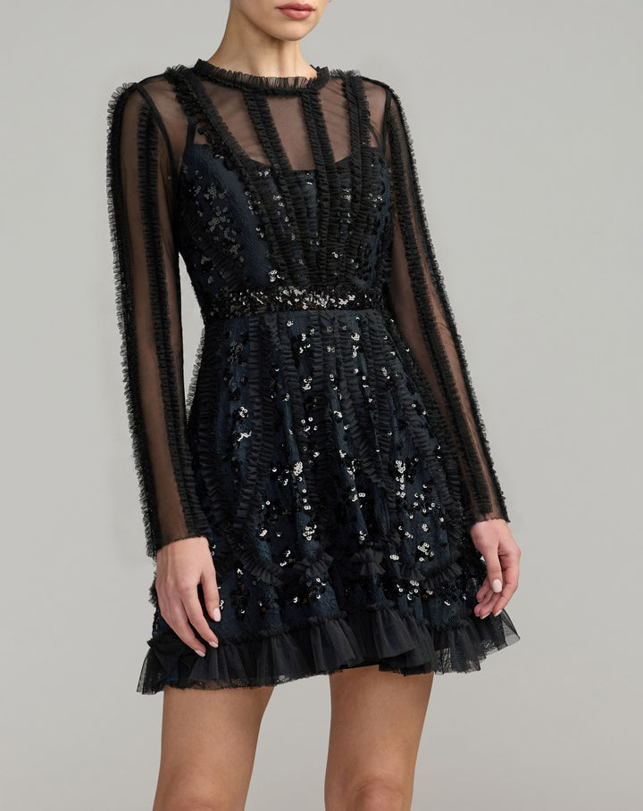 Mac Duggal 8398 Long Sleeve Sequin Ruffle Mini Dress