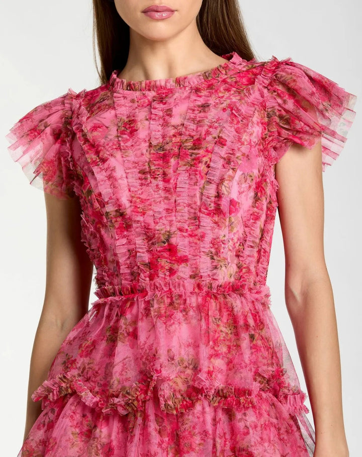 Pink Floral High Neck Cap Sleeve Ruffle Mini Dress - FOSTANI.com