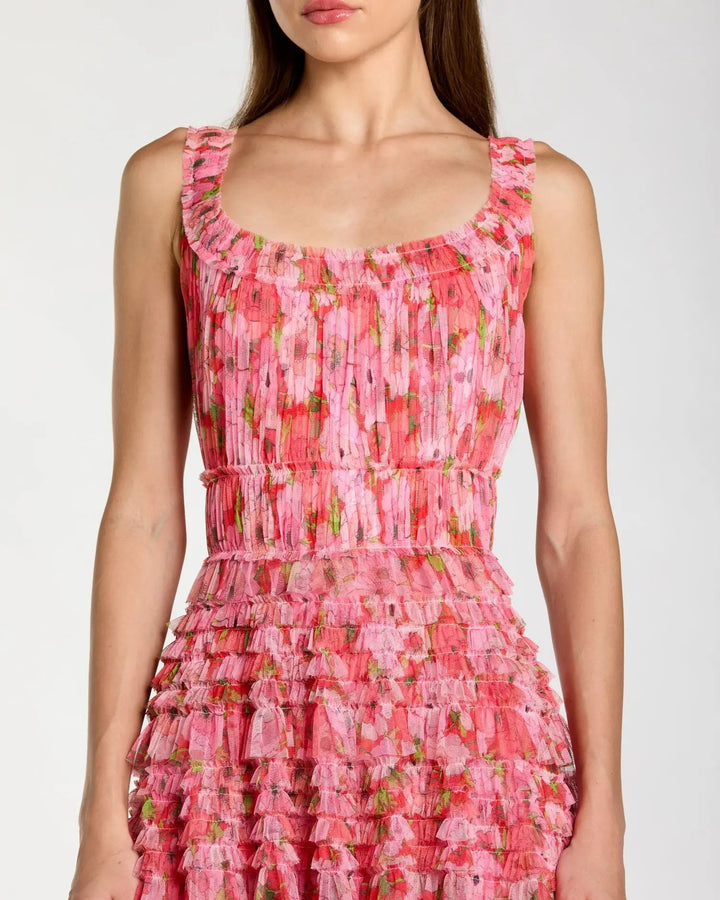 Pink Multicolor Floral Printed Ruffle Maxi Dress - FOSTANI.com