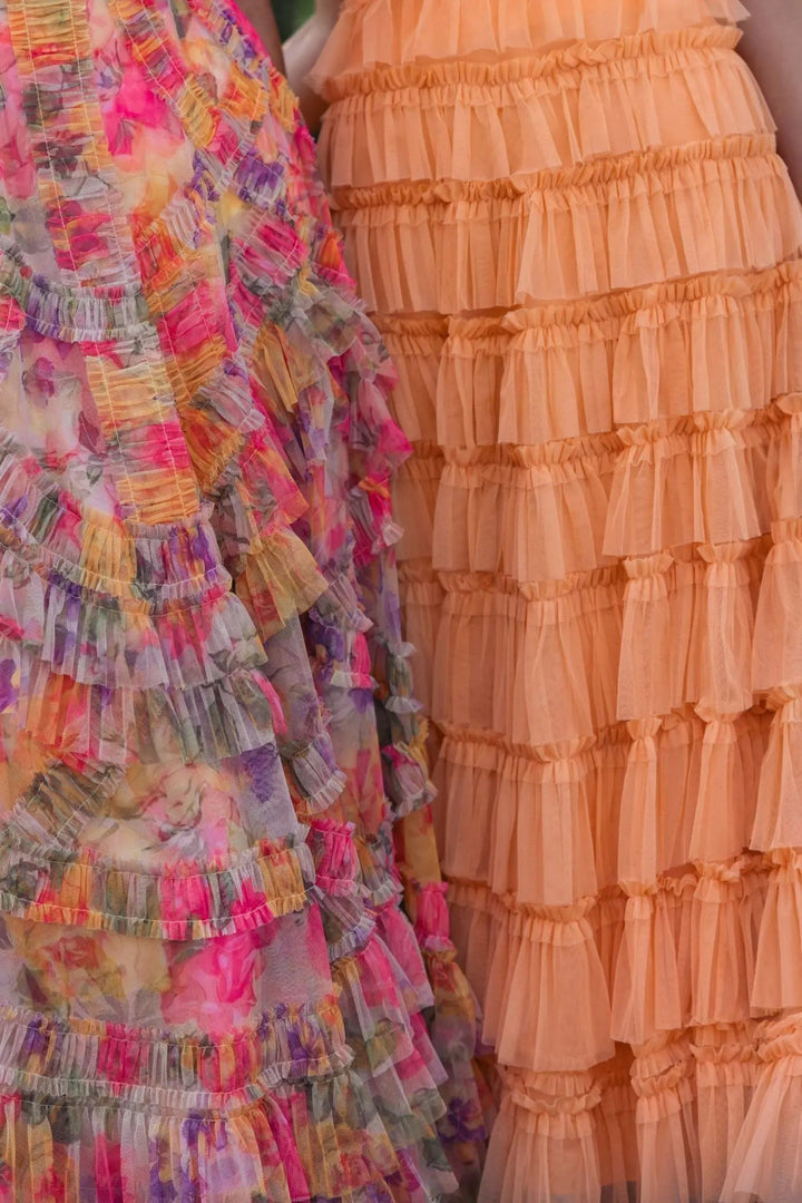 Multicolor Floral Scoop Neck A-Line Ruffle Midi Dress - FOSTANI.com