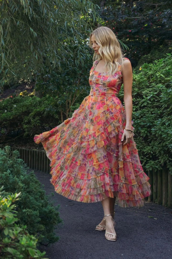 Multicolor Floral Scoop Neck A-Line Ruffle Midi Dress - FOSTANI.com