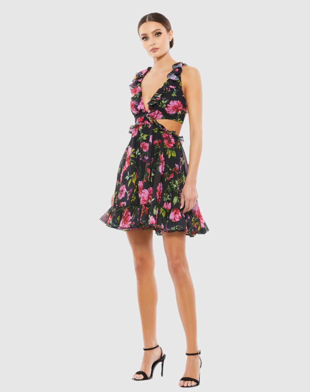 Mac Duggal 9155 Ruffle Cut Out Lace Up Flowy Mini Dress