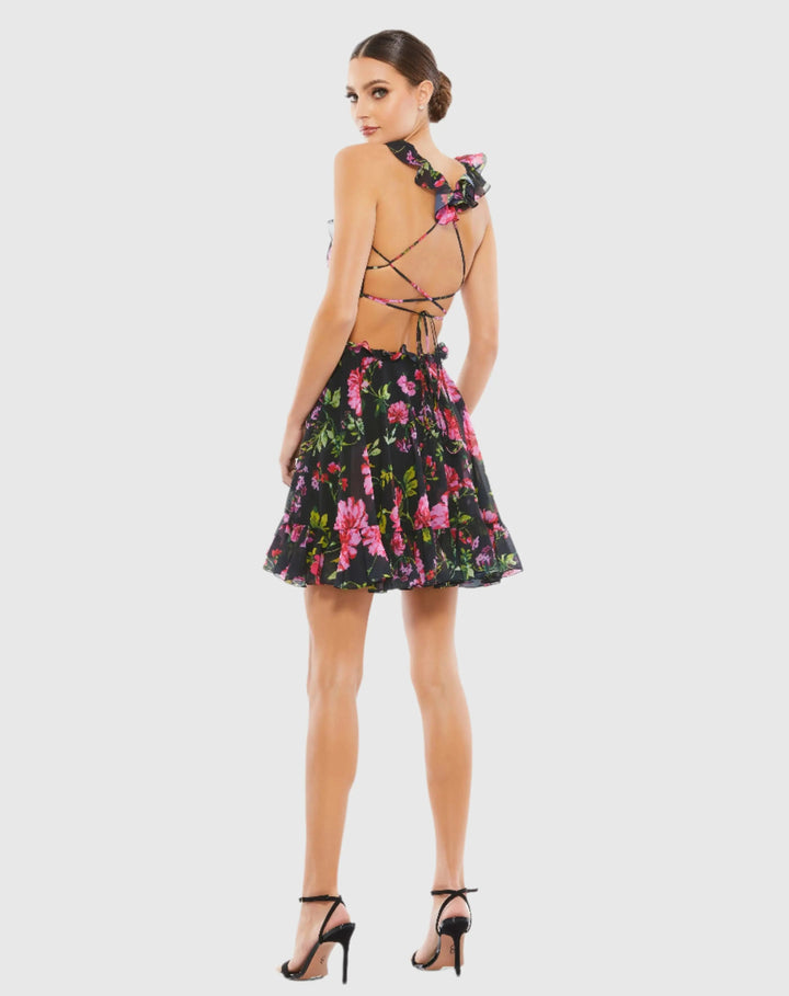 Mac Duggal 9155 Ruffle Cut Out Lace Up Flowy Mini Dress