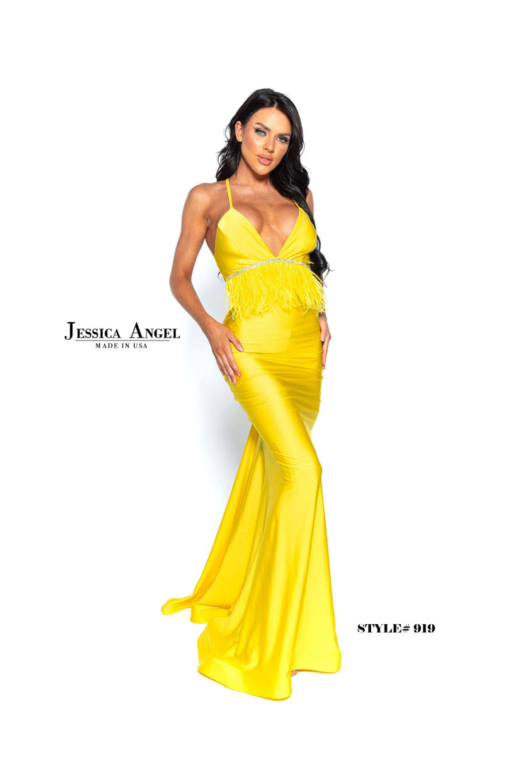 Jessica Angel 919 feather fringe mermaid gown front view 2
