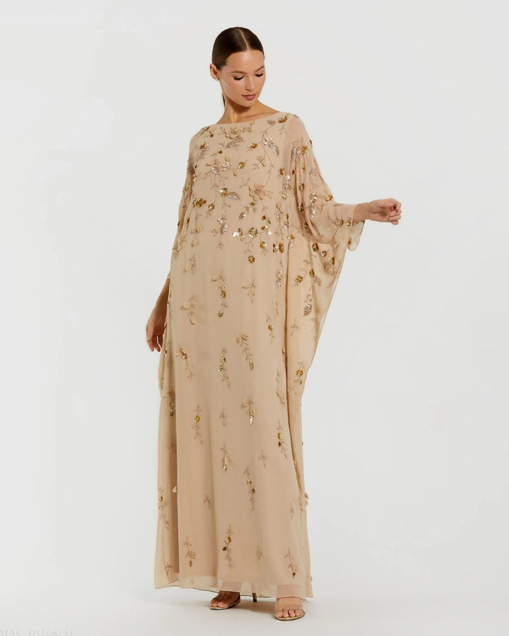 Beige Floral Embellished Kaftan Gown - FOSTANI.com