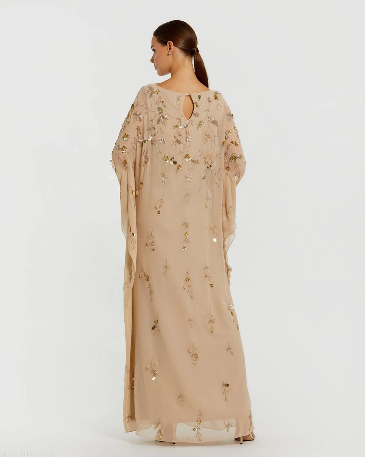 Beige Floral Embellished Kaftan Gown - FOSTANI.com