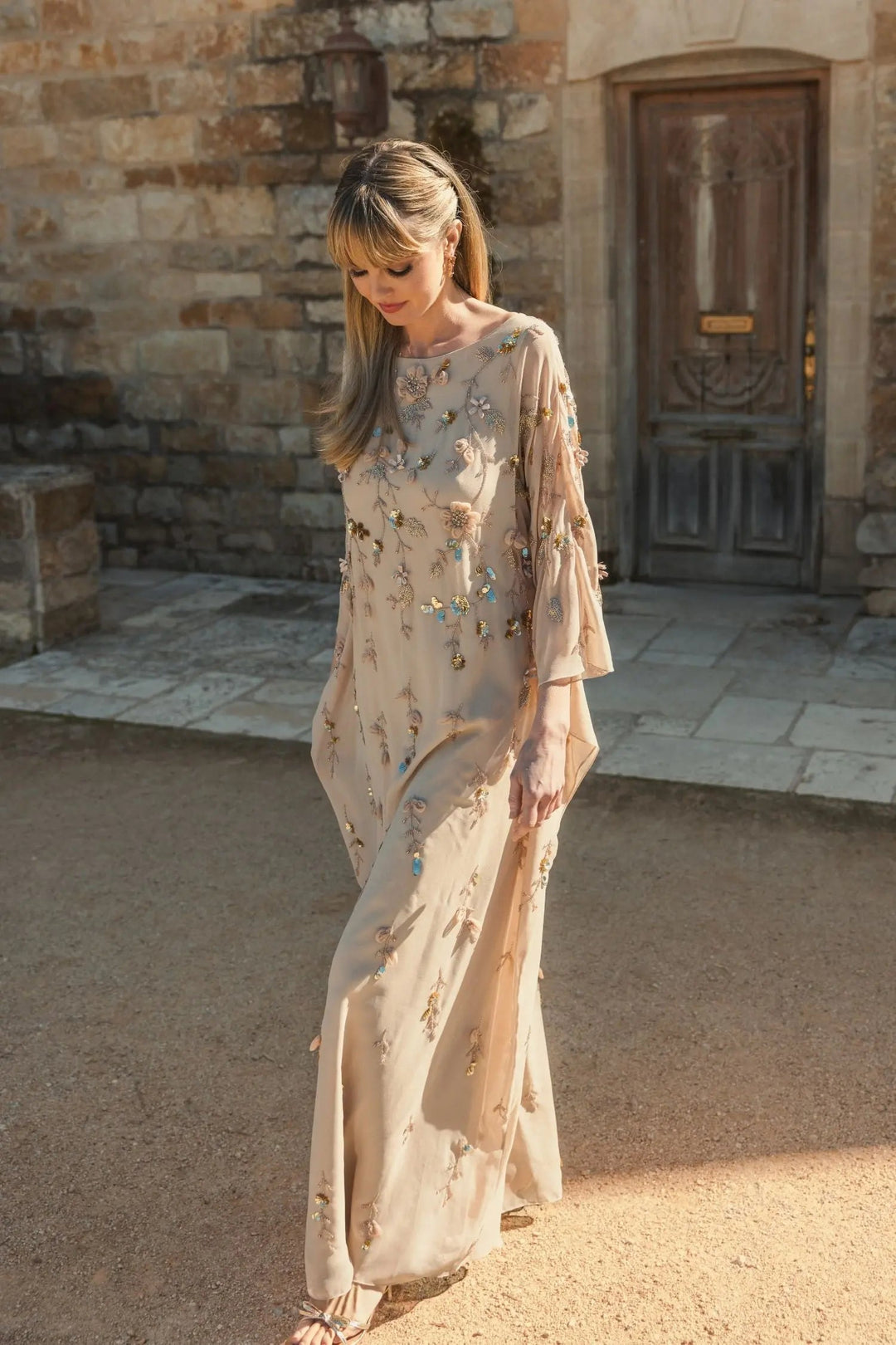 Beige Floral Embellished Kaftan Gown - FOSTANI.com