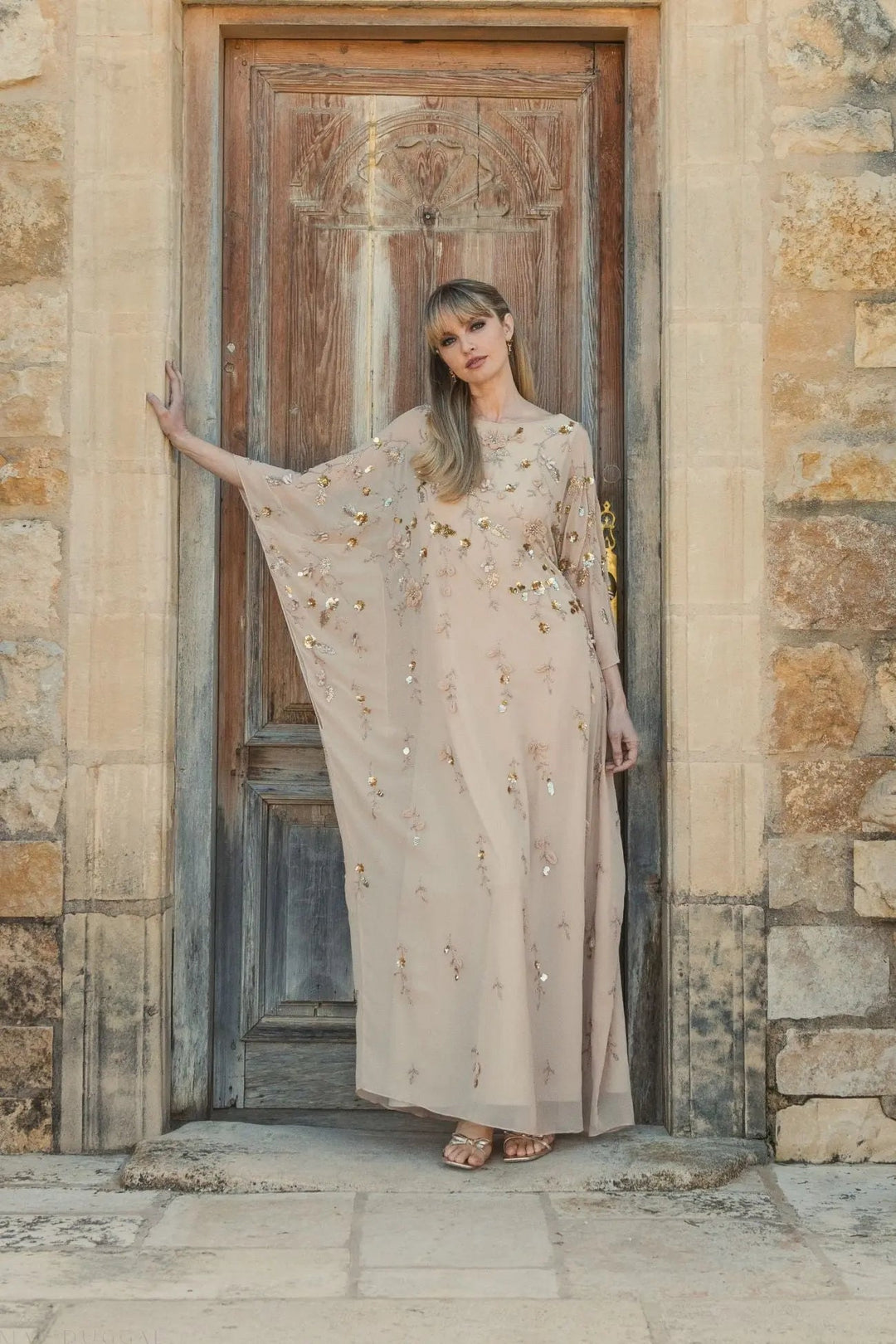 Beige Floral Embellished Kaftan Gown - FOSTANI.com