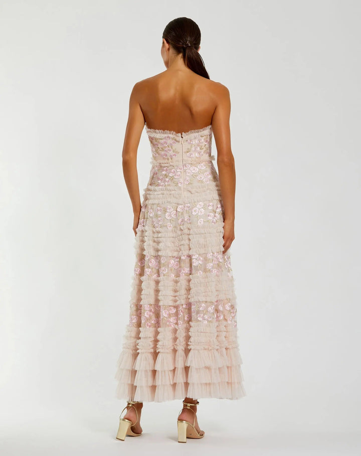 Pink Floral Embroidered Strapless Ruffle Maxi Dress - FOSTANI.com