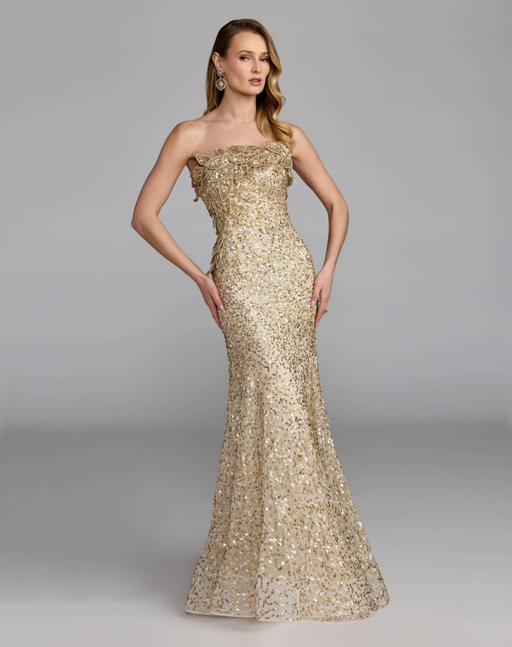 Mac Duggal 94325 Strapless Mermaid Gown With 3D Floral Appliqué