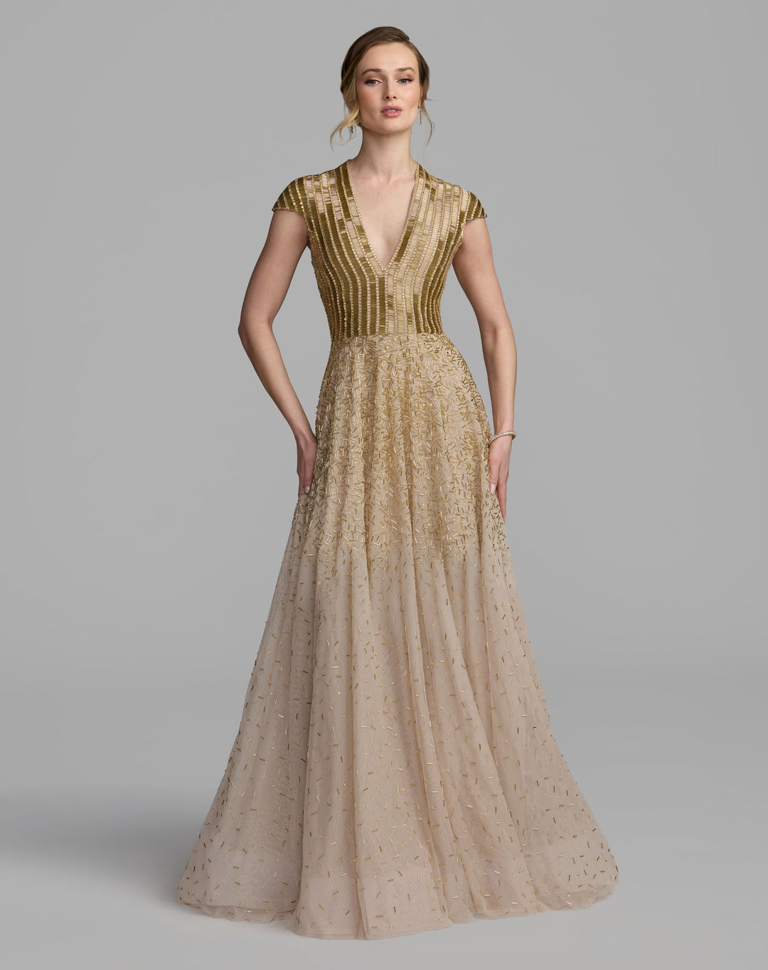 Mac Duggal 94386 V-Neck Beaded Tulle A-Line Gown