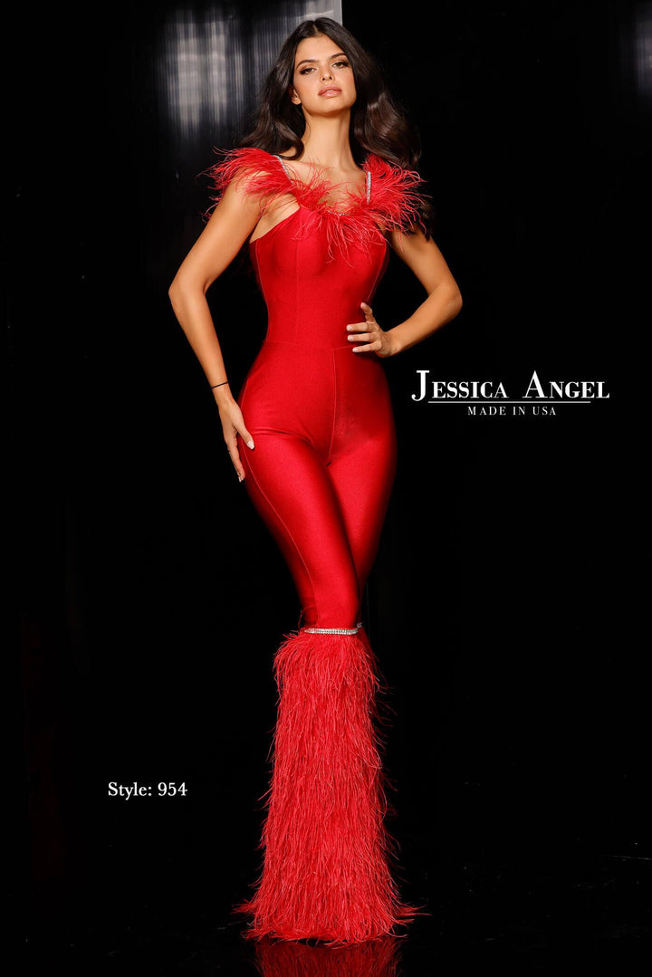 Jessica Angel 954 feather trim jumpsuit front view