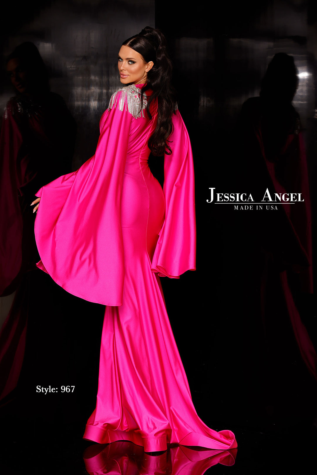 Jessica Angel 967 bell sleeve mermaid gown back view