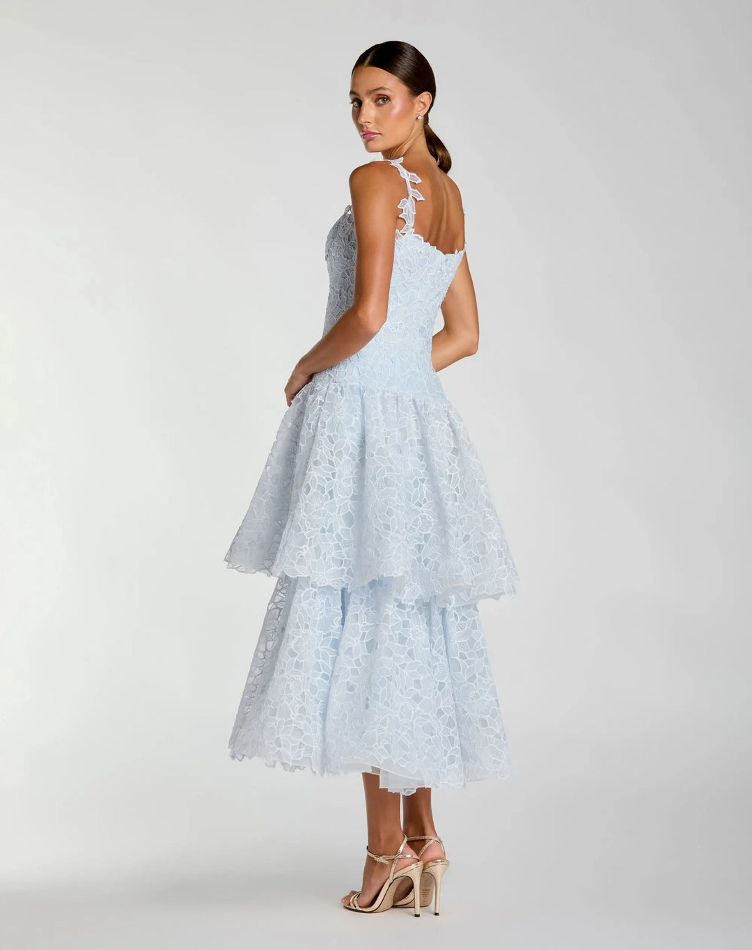 Mac Duggal 21223 Sleeveless Embroidered Lace Tiered Midi Dress