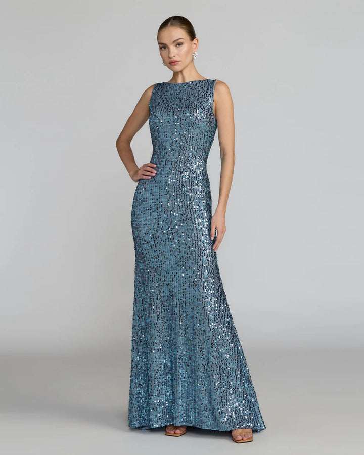 Mac Duggal 9926331P Petite Cowl Back Boat Neck Sequined Evening Gown