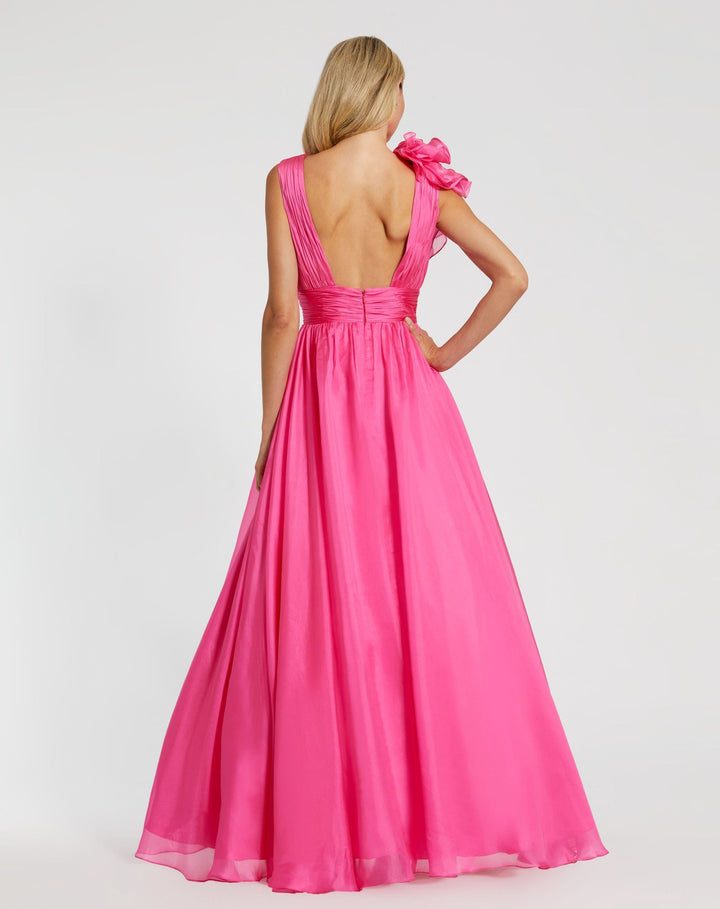 Mac Duggal 9948856P Petite Pink Ruffle Shoulder V-Neck Chiffon Gown