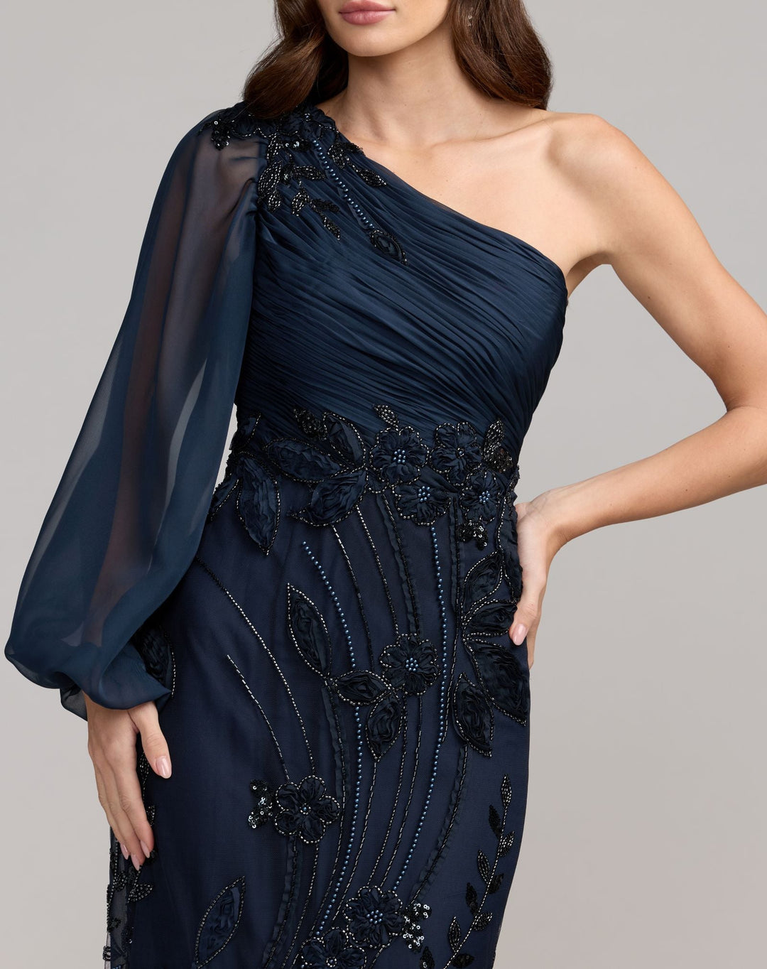 Mac Duggal 9969019P Petite One Sleeve Chiffon Embellished Gown
