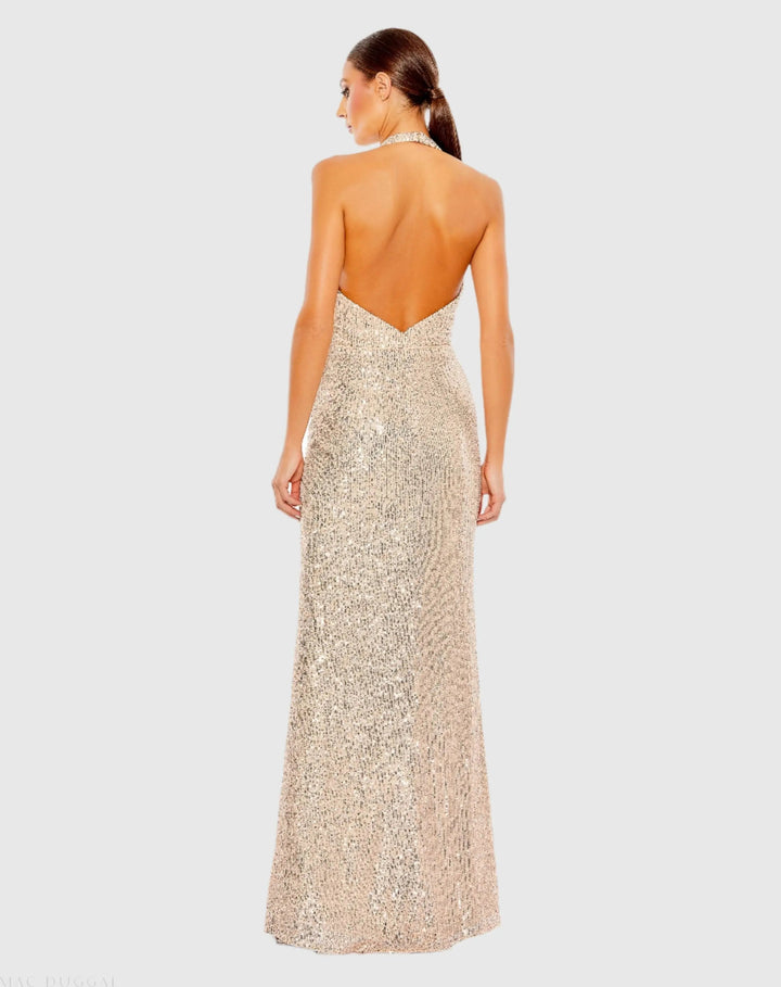 Mac Duggal A11277 Sequined Halter Strap Plunge Neck Gown