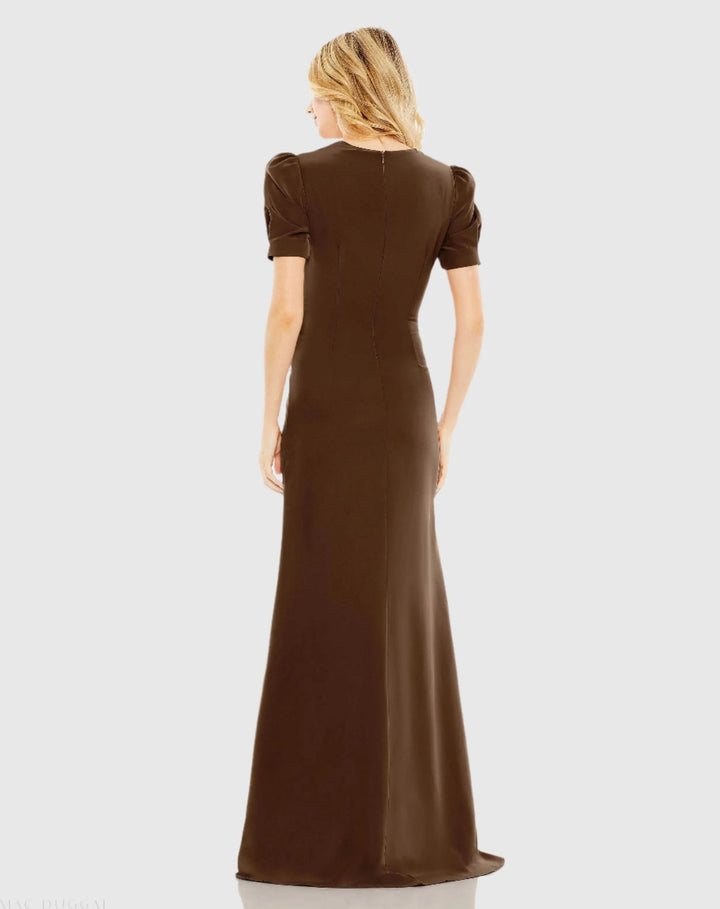 Mac Duggal A2630 Plunge Neck Puff Sleeve Cut Out Gown
