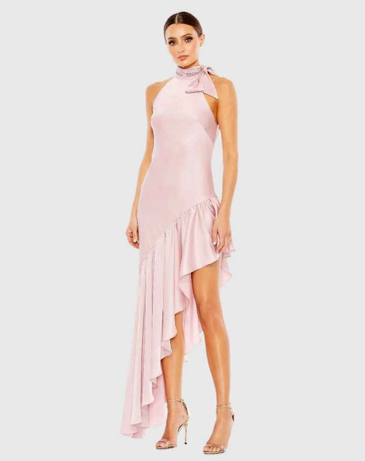 Mac Duggal A68324 Halter Neck Ruffled Asymmetrical Dress