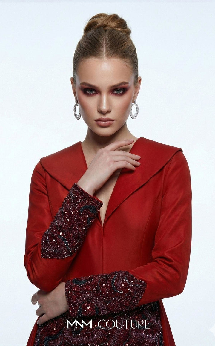 MNM Couture B1177 V-Neckline Long Sleeve Sheath Couture Dress