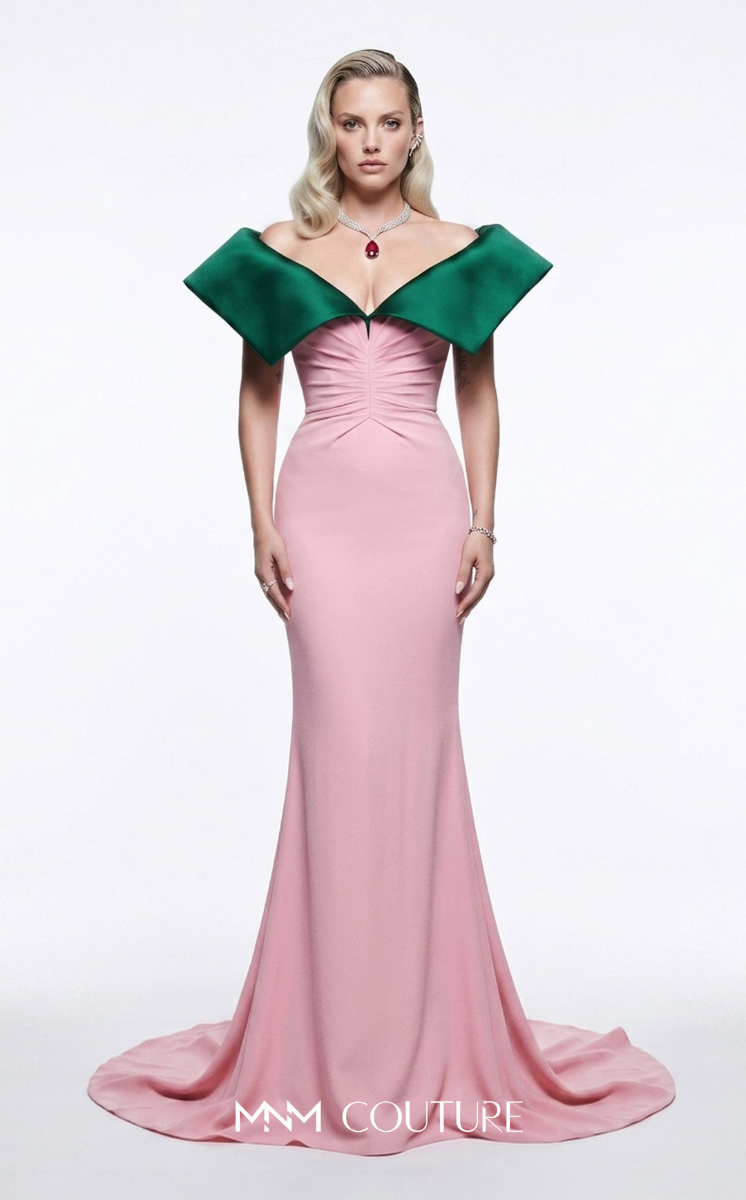 MNM Couture B1245 off-the-shoulder portrait collar ruched mermaid gown front view in an alternate colorway