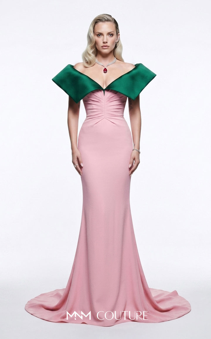 MNM Couture B1245 off-the-shoulder portrait collar ruched mermaid gown front view in an alternate colorway