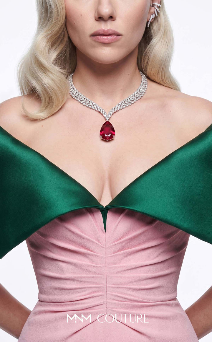 MNM Couture B1245 off-the-shoulder portrait collar ruched mermaid gown close-up collar detail in an alternate colorway