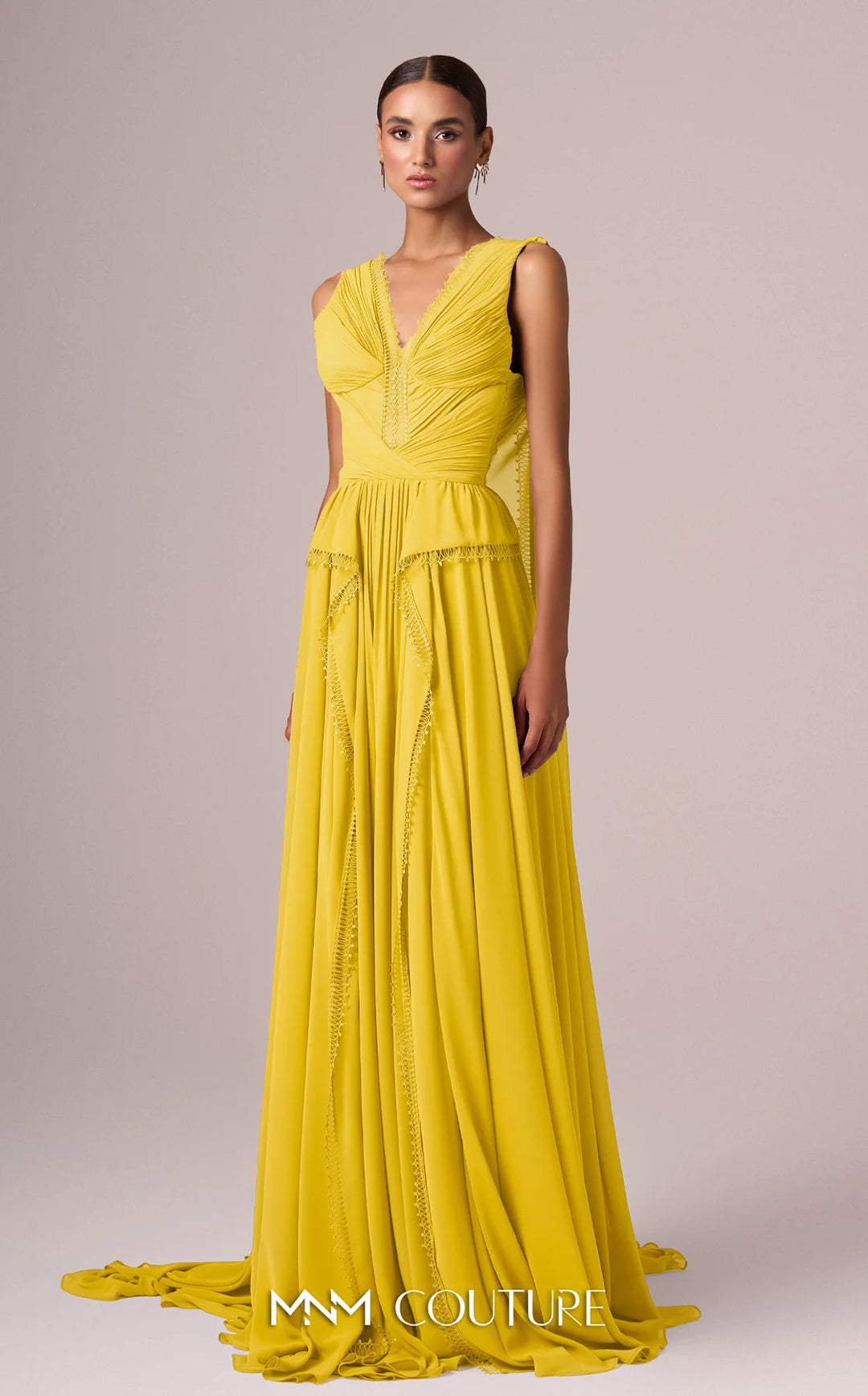 MNM Couture E0086 deep V-neck pleated gown with shoulder train panels front view in an alternate colorway