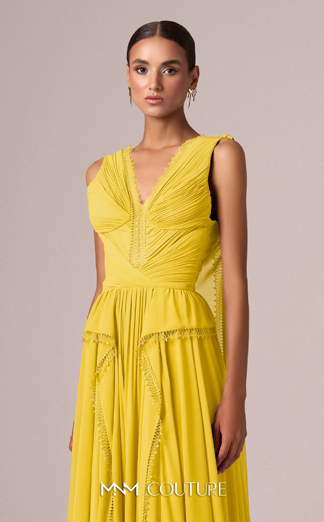 MNM Couture E0086 deep V-neck pleated gown with shoulder train panels bodice detail in an alternate colorway