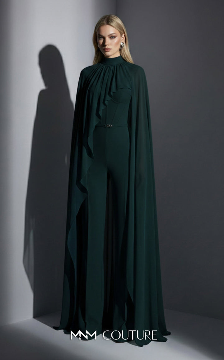 MNM Couture Style E0143 Sophisticated Chiffon High-Neck Cape Jumpsuit - FOSTANI.com