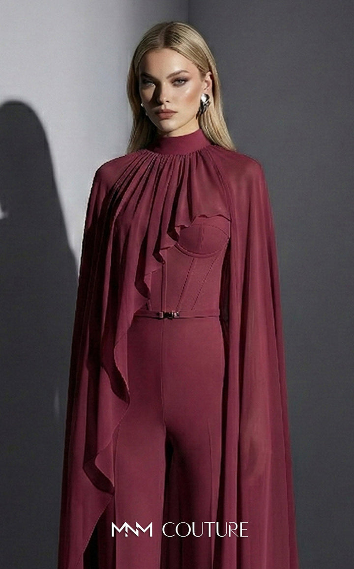 MNM Couture Style E0143 Sophisticated Chiffon High-Neck Cape Jumpsuit - FOSTANI.com